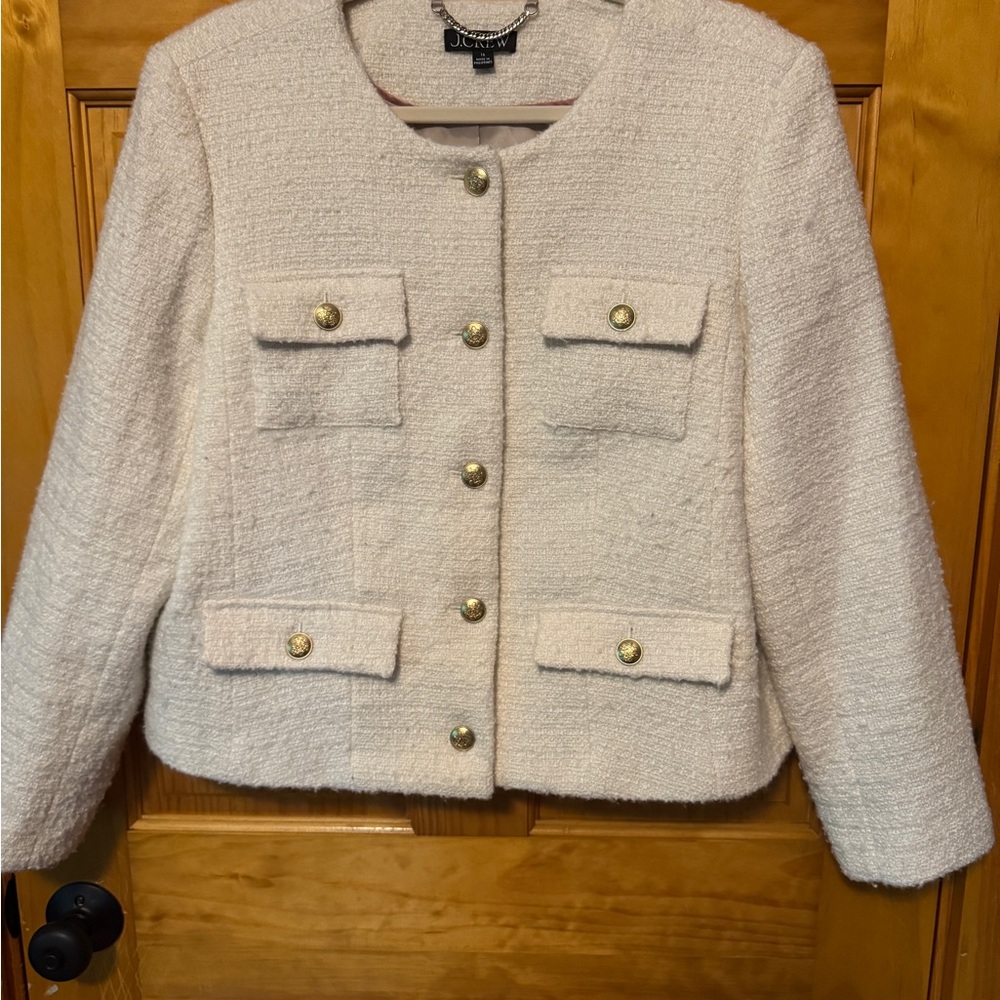 J. Crew Cream Tweed Boxy Blazer with Gold Buttons
